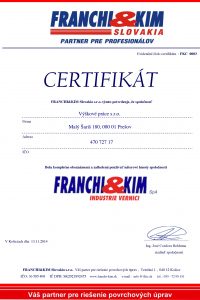 Certifikát Franchi Kim Slovakia-s.r.o. pre Výškové práce s.r.o.
